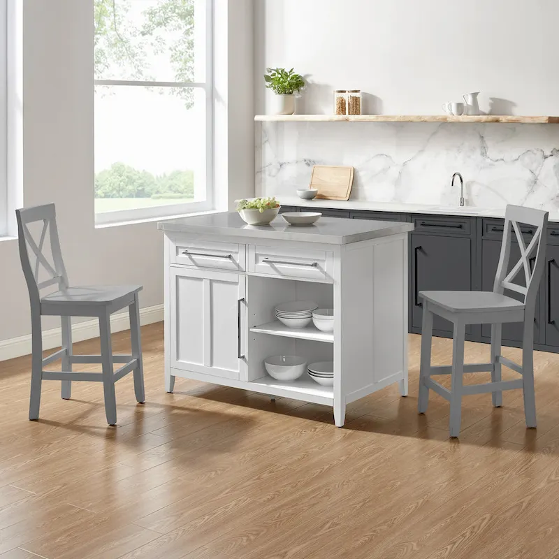 Crosley Silvia Stainless Steel Top Kitchen Island W/X-Back Stools - 57d x 46w x 41h