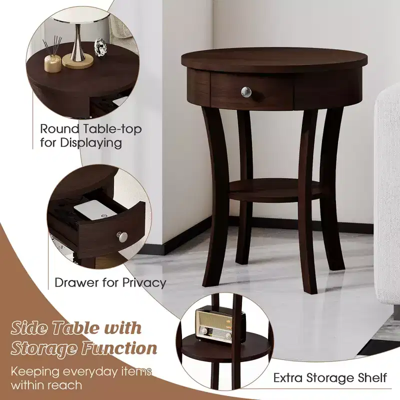 tier Side End Sofa Table Round Nightstand Bedroom Living Room White/Espresso/Black