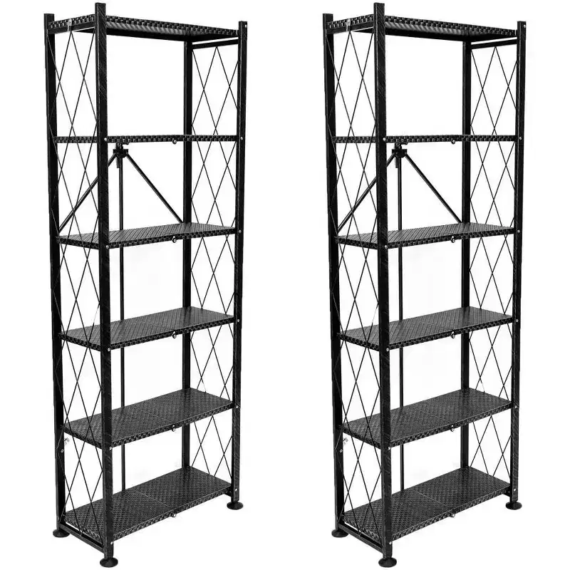 6 Tier Classic Steel Bookcase Organizer Storage Rack, Black (2 Pack)