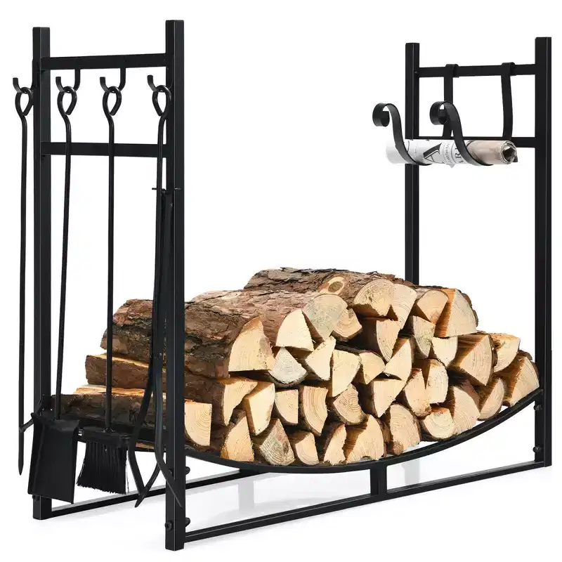 Costway 36'' Fireplace Log Rack W/ 4 Tool Set Kindling Holders for Indoor Outdoor