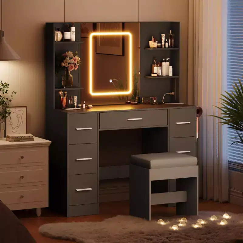 GustoWave 43 Vanity Desk with Mirror and led light, 7 Drawers Shelves Hairdryer Rack Makeup Table for Bedroom