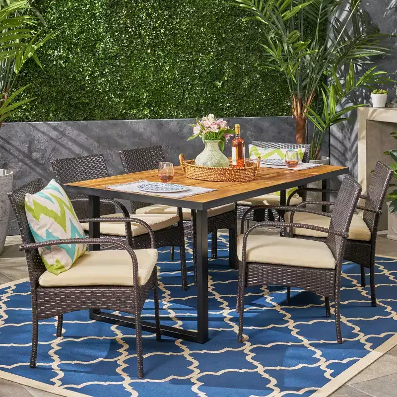 Christopher Knight Home Heron Outdoor Acacia Wood and Wicker 7 Piece Dining Set with Cushion, Teak/Multibrown