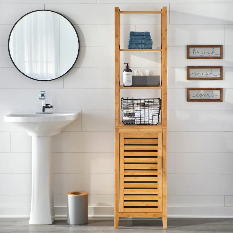 Contemporary Natural Bamboo Bathroom Linen Tower – 3 Shelves & Cabinet