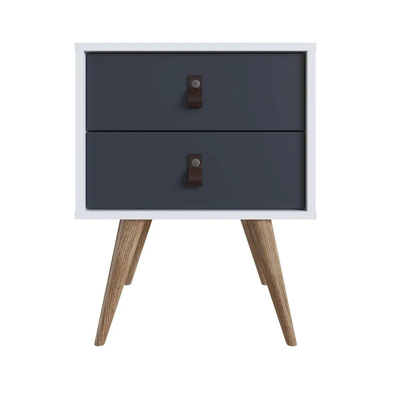 Nightstand with Faux Leather Handles, White Blue Nature Finish, Bedroom Side Table