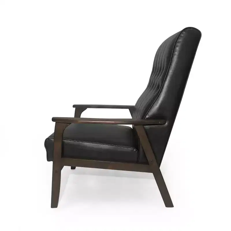 Mid Century Faux Leather Upholstered Accent Chair, Modern High Back Armchair, Leisure Wood Club Chair