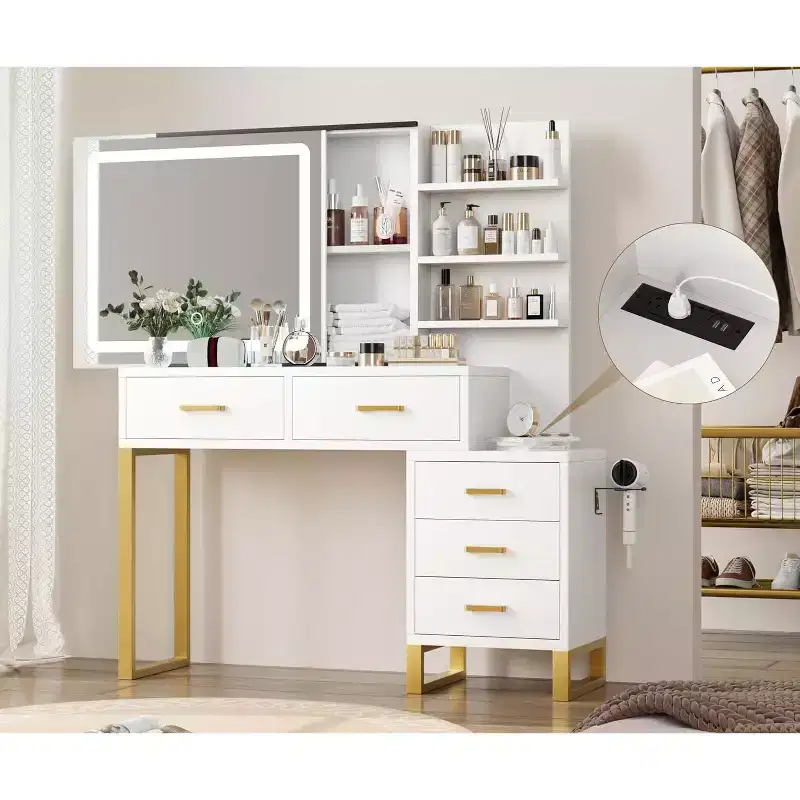 COZONY Makeup Vanity Desk with Sliding Mirror & Charging Station, LED Light with 3 Modes, 5 Large Drawers and 3-Tier Open Shelves, Bedroom Vanity
