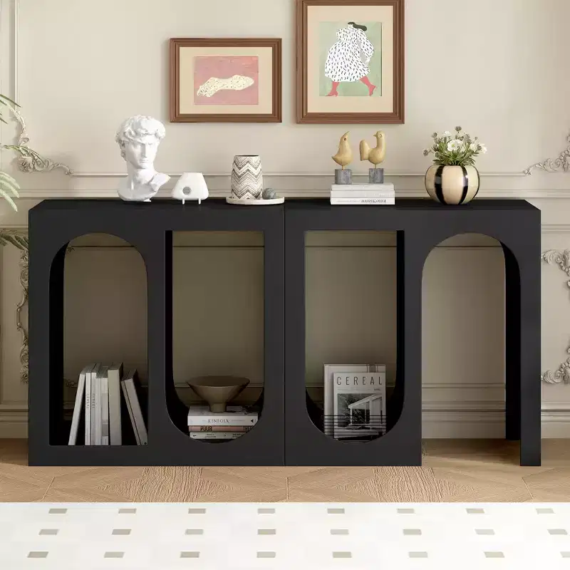 Modular Console Table, Narrow Long Sideboard, Foyer Entryway Table with Rectangular Exterior and Curved Design for Living Room, Black