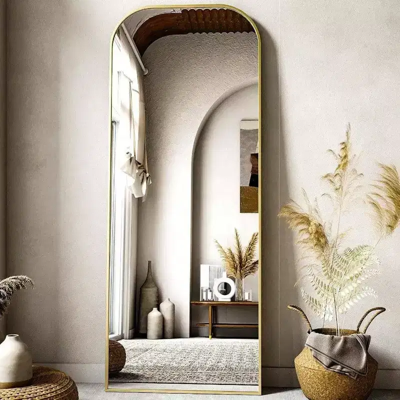 56x21 Inch Full Length Mirror for Bedroom Living Room Cloakroom Aluminum Frame Gold Arched Top Sturdy Freestanding Wall Mountable