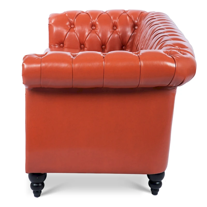 Classically Elegant 84.65 Three-Seater Rolled Arm Chesterfield Sofa in PU Leather - Sturdy Birch Legs, Soft Upholstery