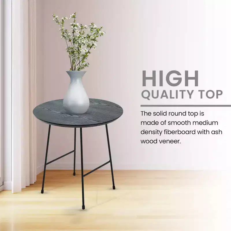 Rossmore Round Wood Veneer Side Table - Black Steel Frame