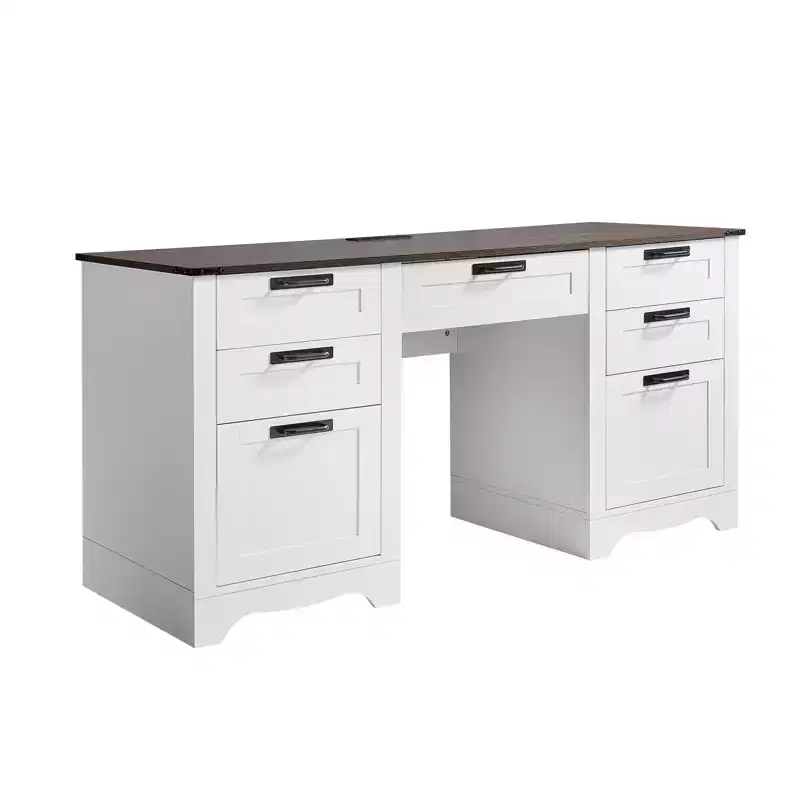 Executive Desk, Farmhouse Office Table with Charging Station, Particle Board Executive Table with Storage Drawers, 200 LBS Load Capacity, Brown