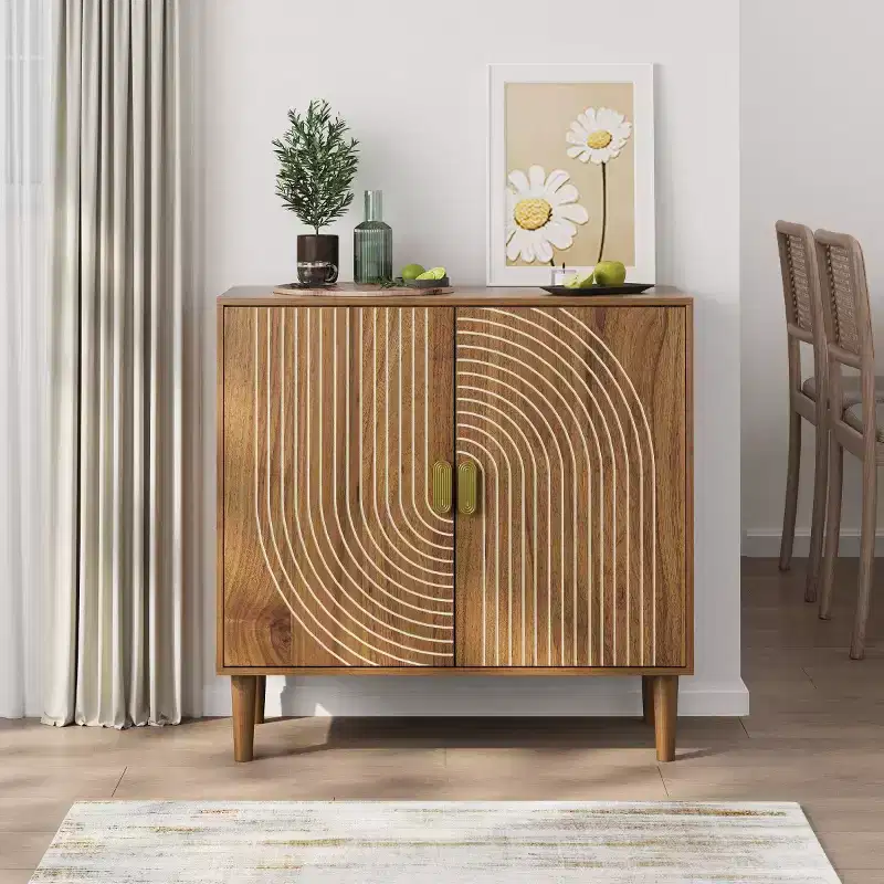 31 Mid-Century Modern Accent Storage Cabinet, Small 2-Door Sideboard with Geometric White Line Design, Solid Wood Legs - Panipeachy