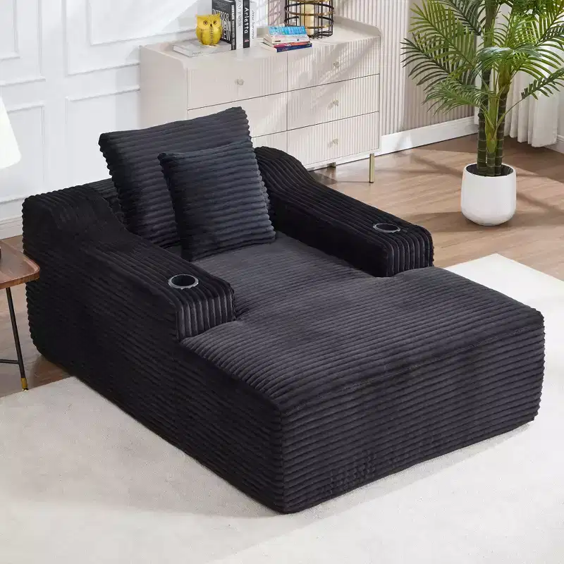67 Corduroy Chaise Lounge, 9.9 Armrests, Deep Seat Recliner, Convertible Frameless Sofa Bed with 2 Pillows