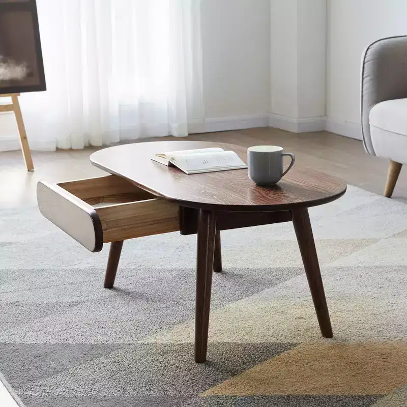 Solid Oak Wood 39.37W Oval Coffee Table with One Drawer