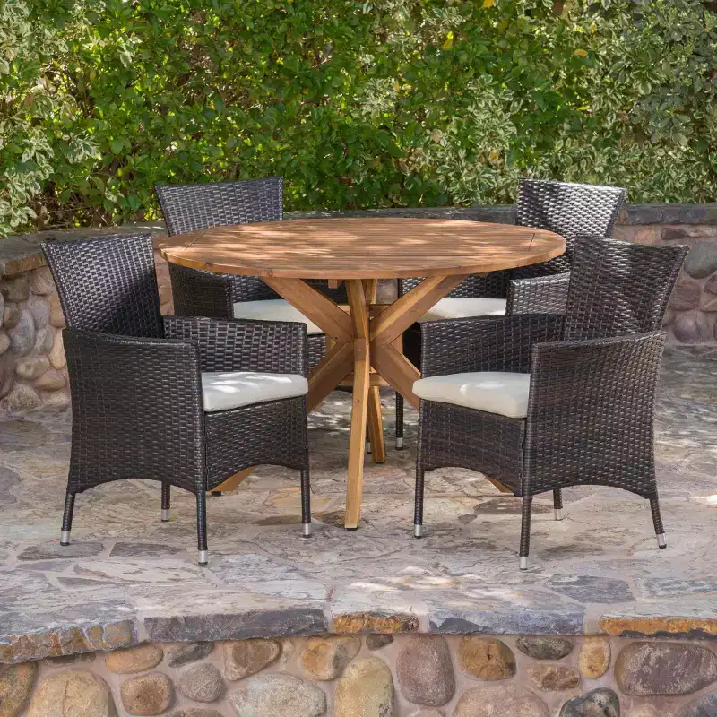 Christopher Knight Home Carroll Outdoor Wicker and Acacia Wood 5 Piece Dining Set with Cushion