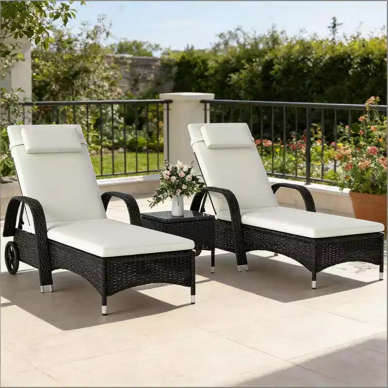 GDFStudio Sunvale Outdoor 3 Piece Rattan and Iron Chaise Lounge Set with Table