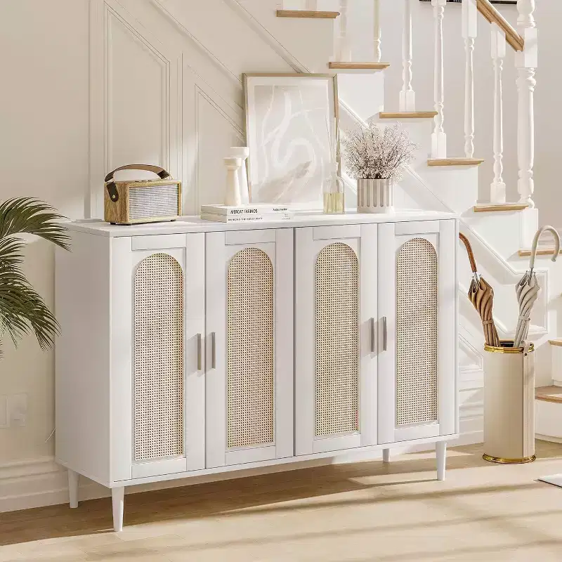Rattan Sideboard Buffet Cabinet, Wooden Side Board Accent Buffet, Wood Sideboard with 4 Doors, Boho Cabinet for Entryway, Hallway, Living Room, White