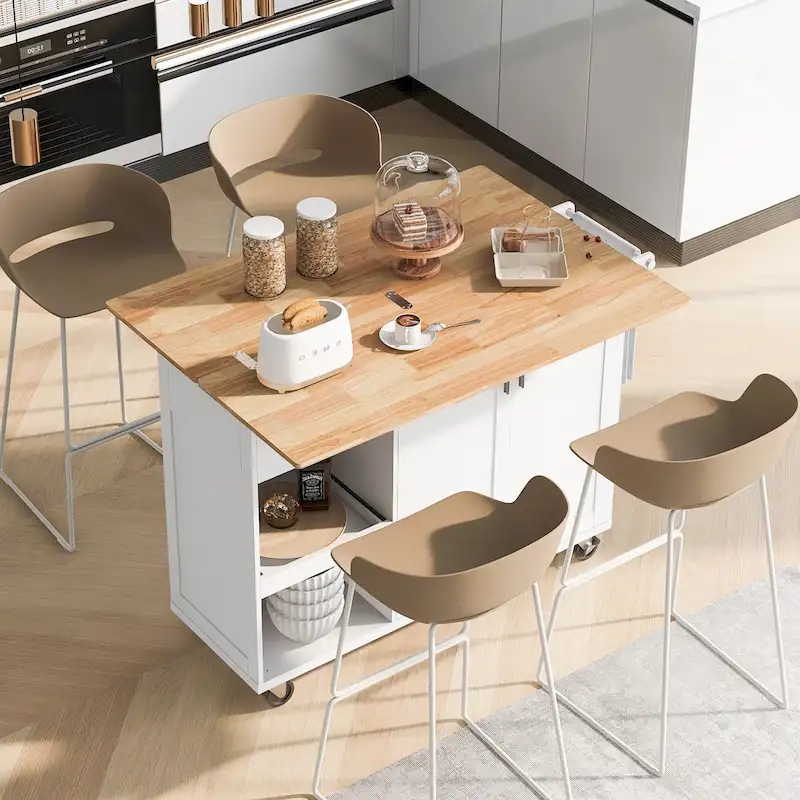 Kitchen Island with Foldable Counter Top, Kitchen Storage Cart with Slide-Out Shelf, Towel Rack and Drawer, Rolling Wheels