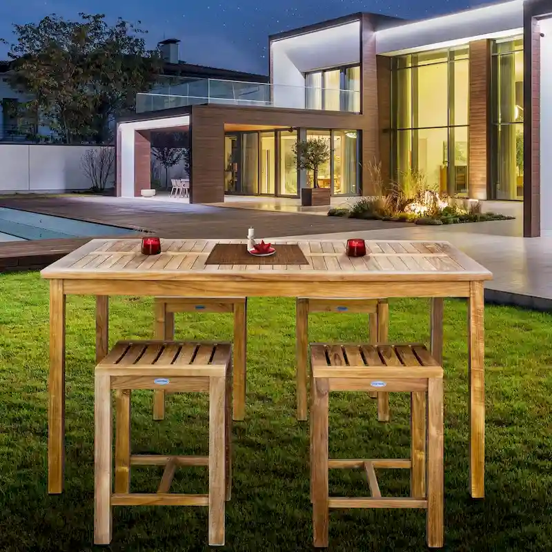 Chic Teak 5 Piece Teak Wood Antigua Patio Counter Height Bistro Set with 63 Rectangular Table and 4 Stools