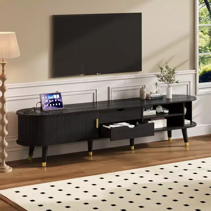 MDF TV Stand with Sliding Door and Charging Station for TVs up to 80