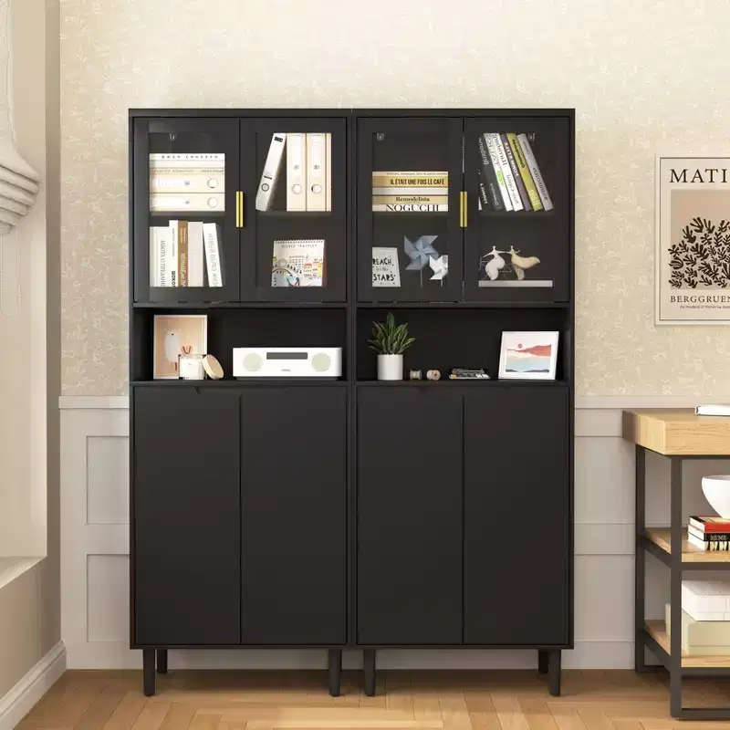 Tall Bookshelf with Adjustable Board, Freestanding Storage Shelves with 4 Tempered Glass Doors, Display Case for Living Room, Office, Black