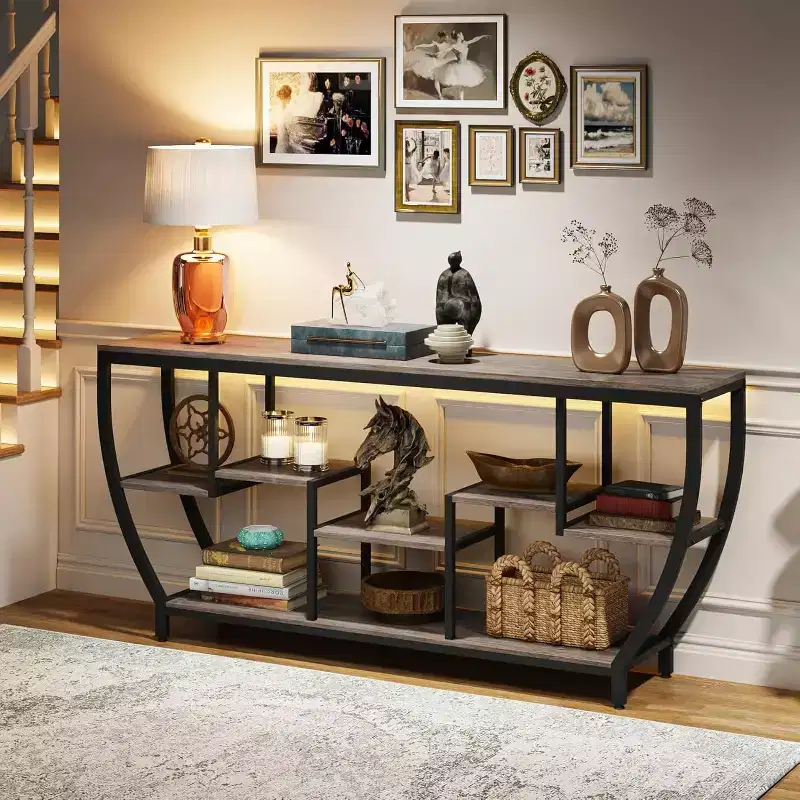 70.9-Inch Rustic Industrial Sofa Table with Shelves, Console Table and TV Stand for Living Room, Hallway, Foyer, Grey