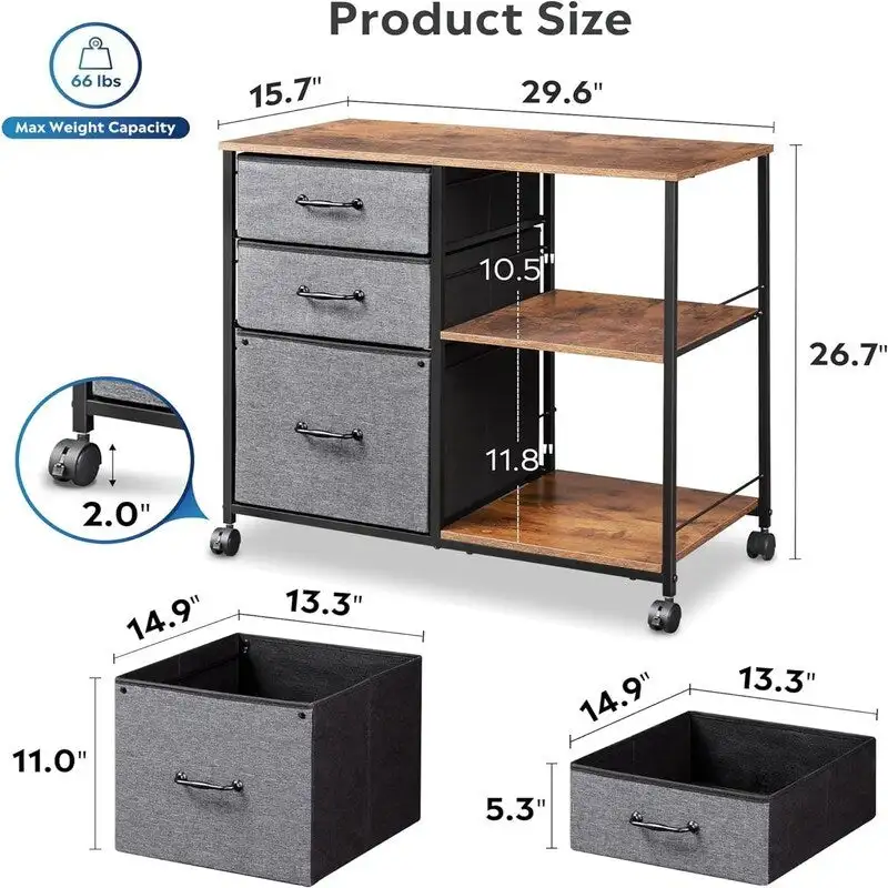 3-Drawer Rolling File Cabinet, Light Grey / Rustic Brown / Black / White, Single-Person Home Office
