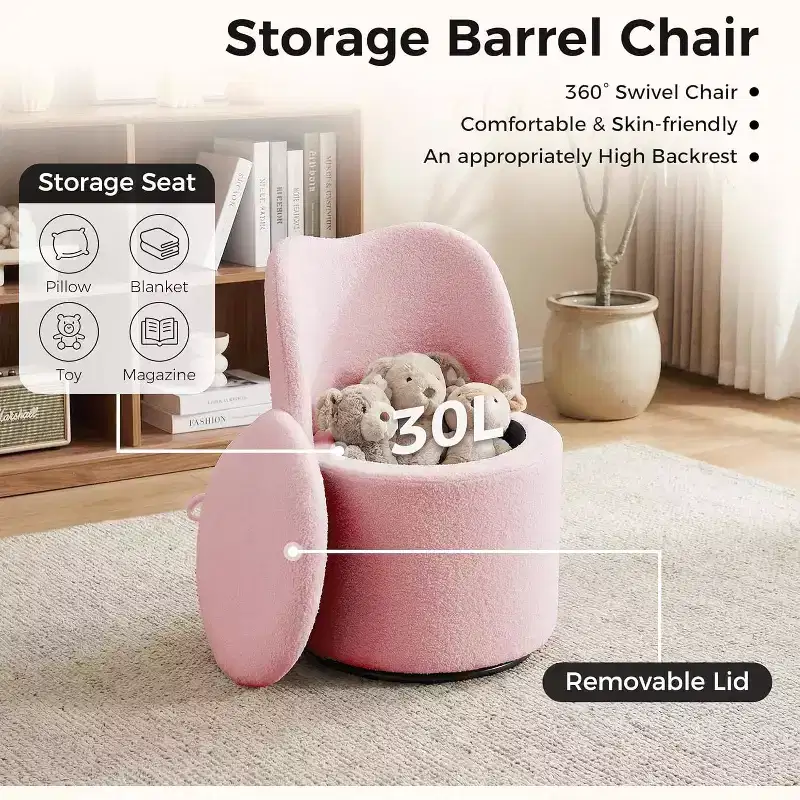 Swivel Vanity Chair with Storage, Upholstered Round Makeup Stool Accent Chair with Back, Soft Padded Seat for Bedroom Living Room