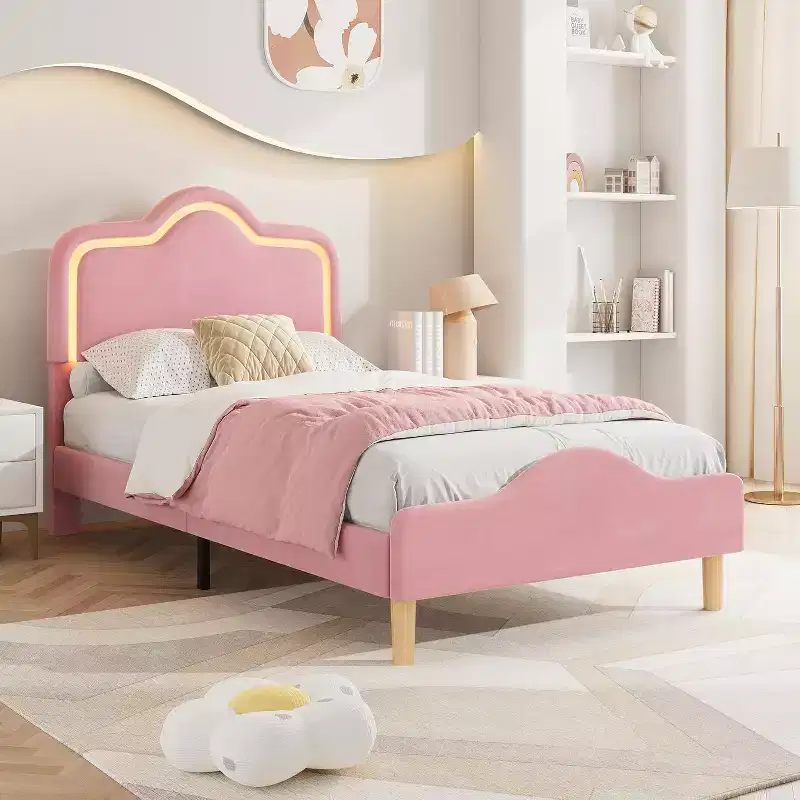 Twin Size Bed Frame withHeadboard and Footboard, Velvet Upholstered Princess Platform Bedframe for Kids/Girls, Pink