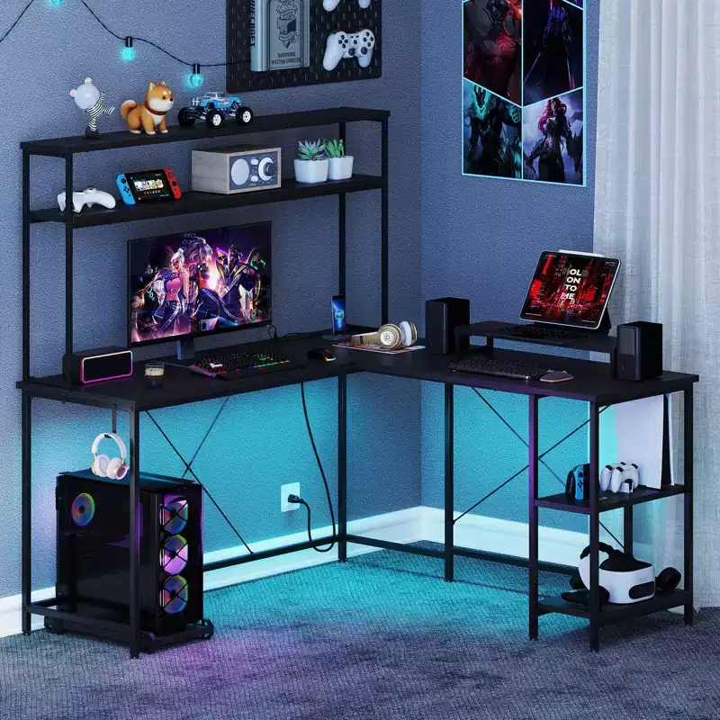 L-Shaped Gaming Desk with RGB LED Strip, Power Outlets & Hutch - Monitor Stand, CPU Stand, Reversible Design