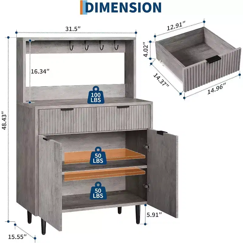Acekool Fluted Sideboard Buffet Cabinet with 2 Drawers & Adjustable Shelves, Modern Coffee Bar Console for Dining Room, Kitchen, Hallway