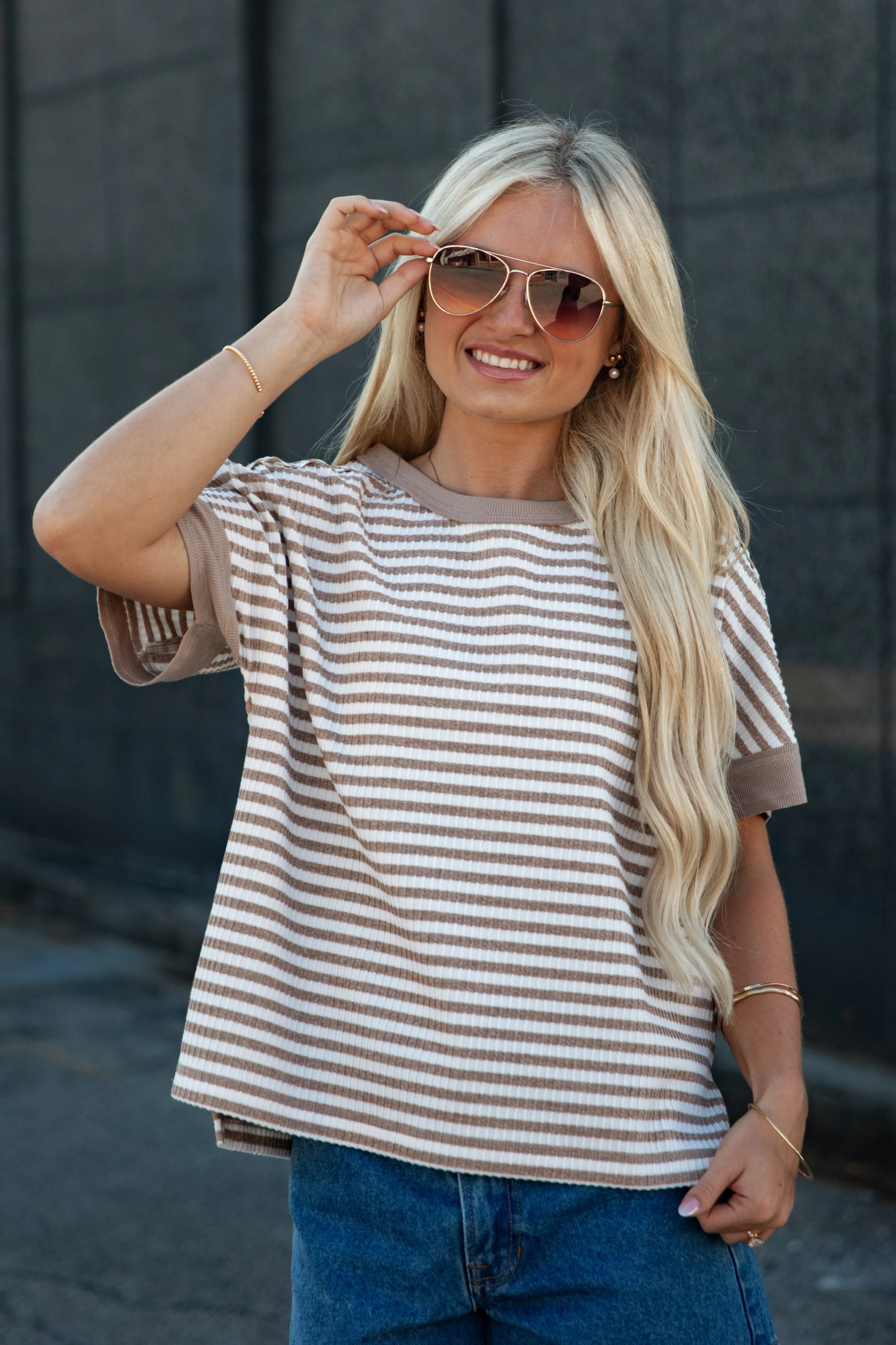 Taupe Stripe Oversized Short Sleeve Top