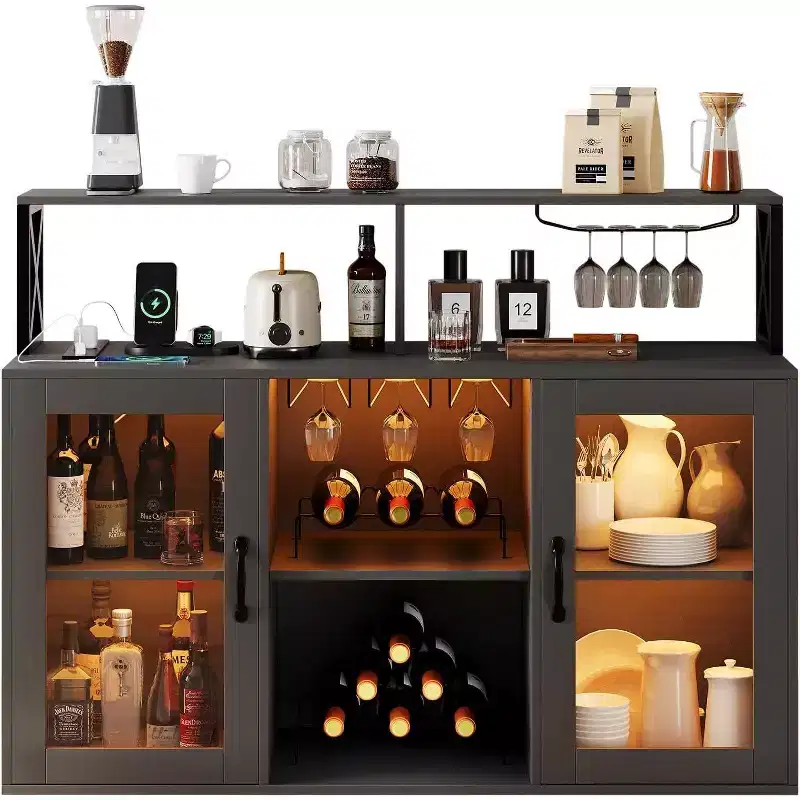 Freestanding Wine Bar Cabinet with LED Light, Power Outlets, Wine Rack & Glass Holder