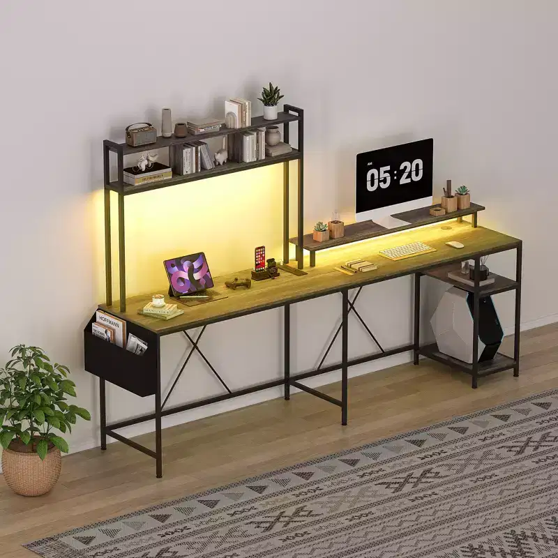 L-Shaped Gaming Desk with LED Lights, Power Outlets, Reversible L-Shaped Computer Desk with Monitor Stand & Storage Shelves, Corner Desk