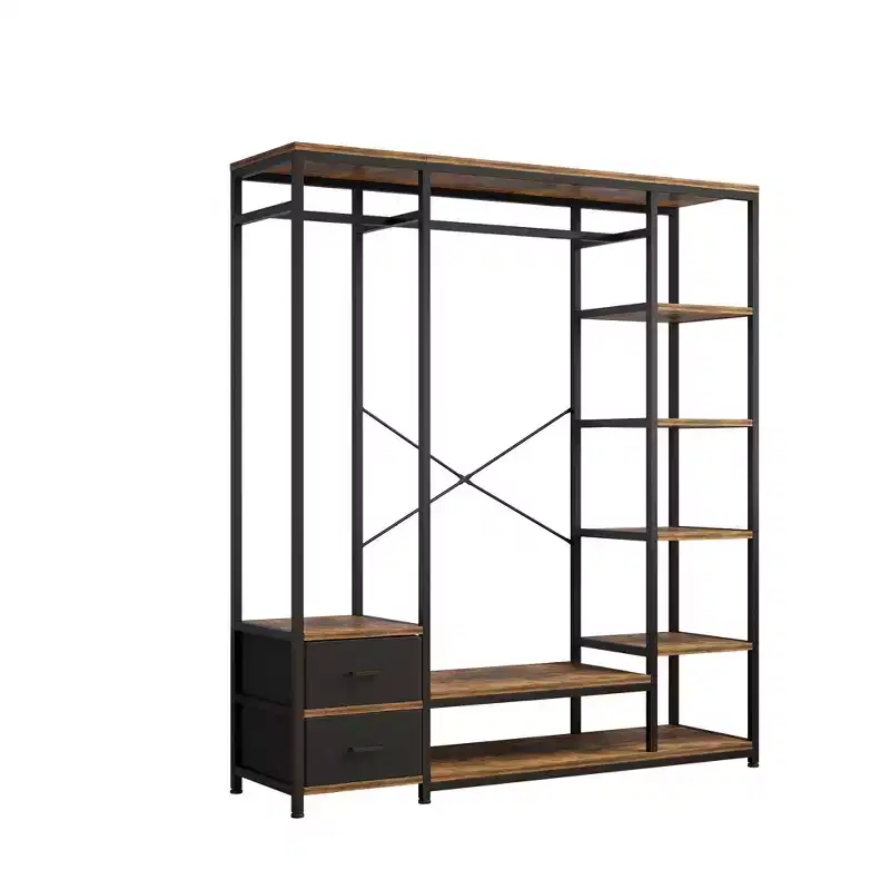 Open Wardrobe with Vintage Brown Particleboard & Black Iron Frame 59.1x15.7x70.9 Inches