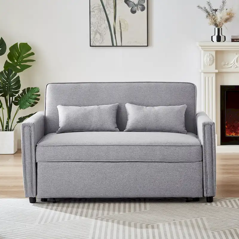 Modern Linen Convertible Loveseat Sleeper Sofa Couch with Adjustable Backrest, Pull-Out Bed and 2 Lumbar Pillows
