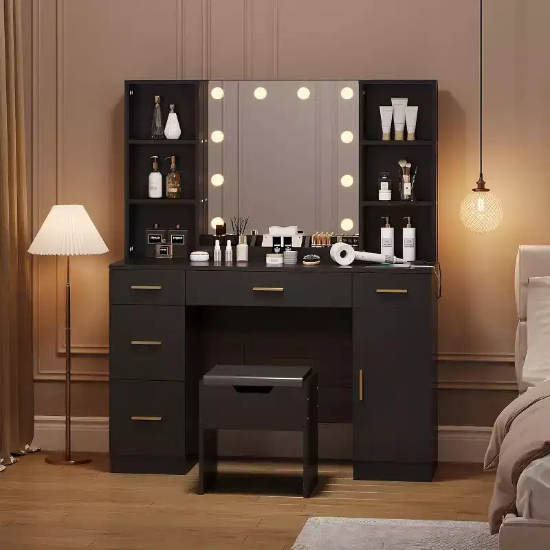 Acekool Vanity Desk with LED Lighted Mirror, 10 Lights, 3-Color Brightness, 6 Drawers, 6 Open Shelves, Makeup Table for Bedroom