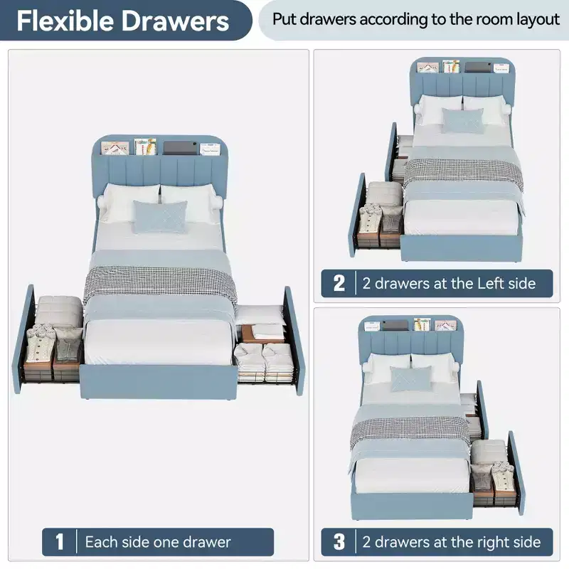 Twin Platform Bed with Bookcase Headboard, 2 Flexible Drawers – Blue, Kids Room