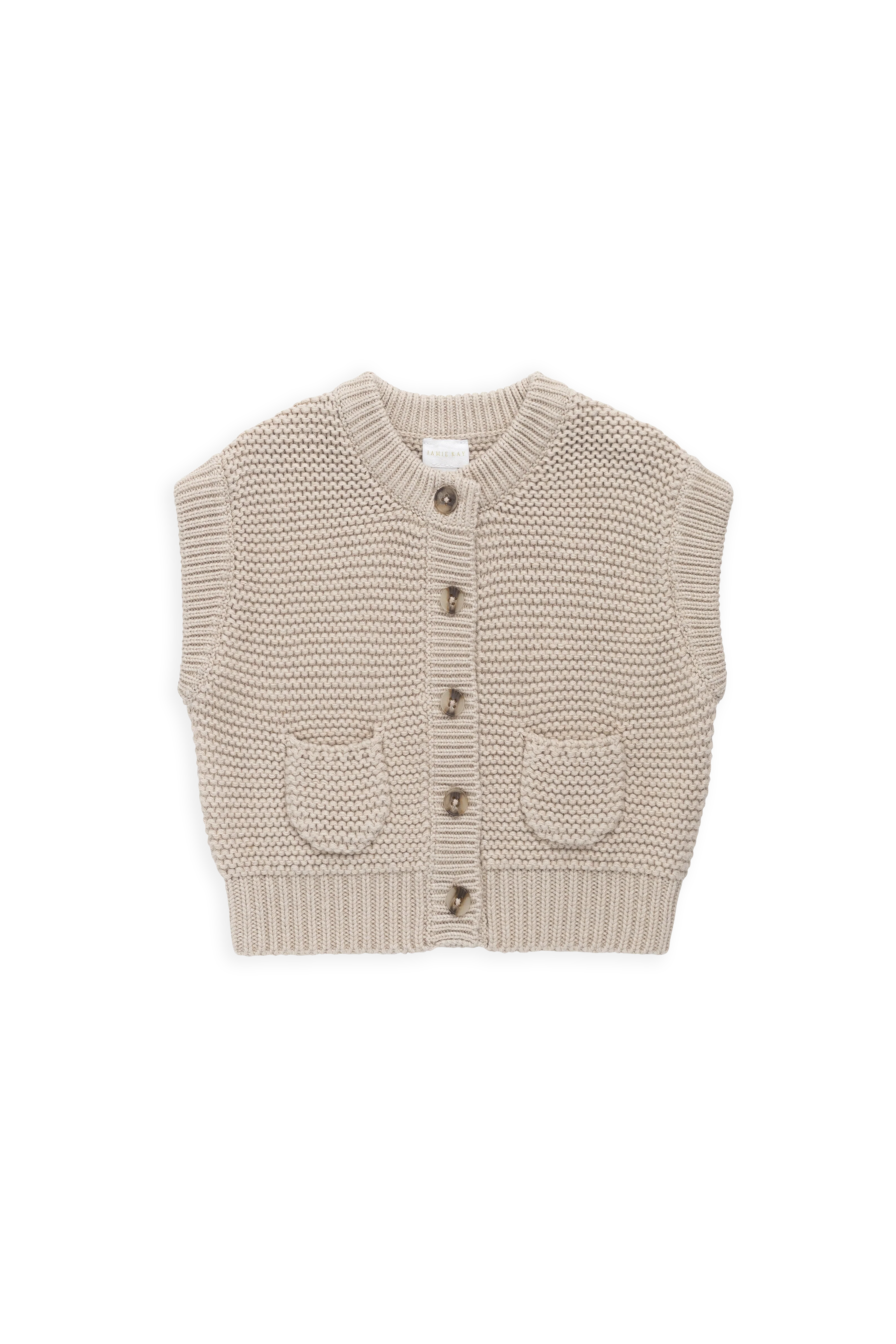 Classic Oat 100% Cotton Knit Vest with Button Front & Pocket Detail for Layering 0M–8Y