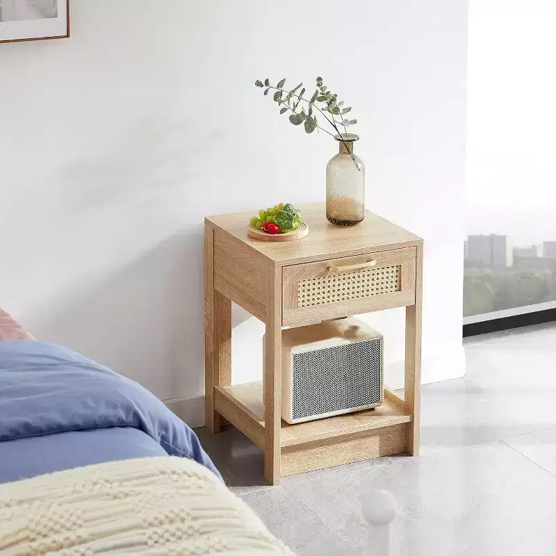 Acekool Rattan Nightstand with Drawer, Bedside End Table for Small Spaces, 15.75L x 15.75W x 21.65H, Natural Finish
