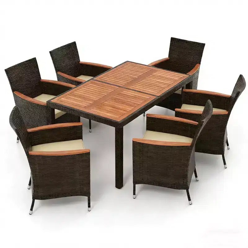 Gymax 7 PCS Patio Wicker Dining Set w/ Outdoor Dining Table 6 Stackable Cushioned Chairs Acacia Wood Armrests & Tabletop Umbrella Hole