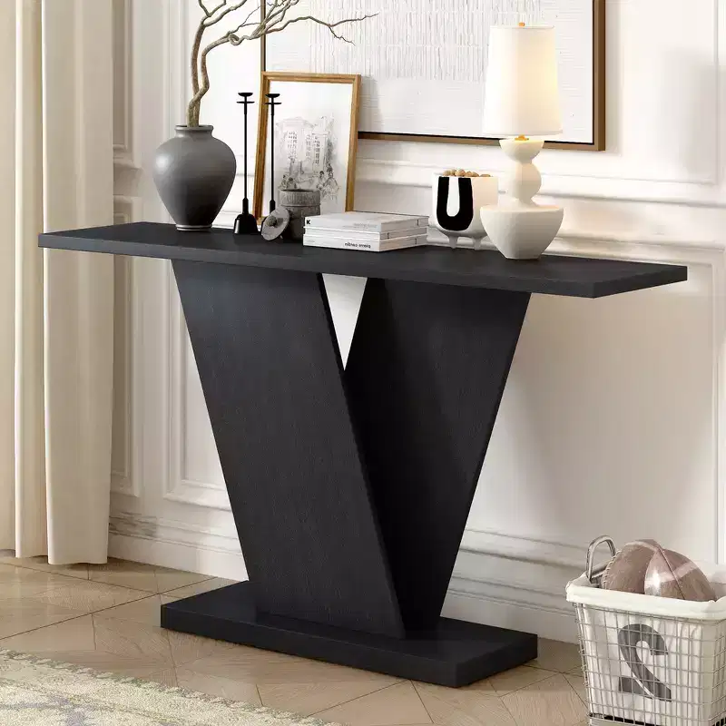 V-Base Entryway Console Table, Accent Hallway Table, Slim Sofa Table with Natural Wood Veneer, Classic Versatility
