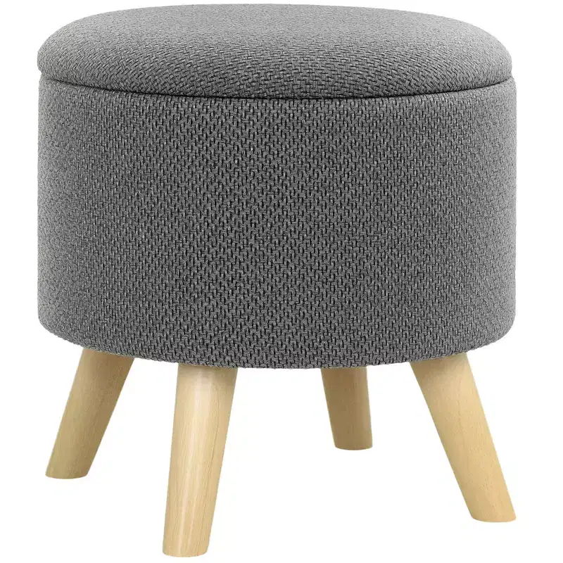 Round Ottoman Stool with Storage, Linen Upholstered Foot Stool with Padded Seat, Hidden Space and Wood Legs