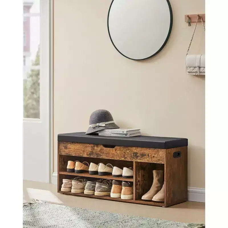 VASAGLE Shoe Bench, Storage Bench with Cushion, Shoe Rack Bench with Padded Seat, 3 Compartments, Hidden Storage, Shelves,Rustic Brown and Black