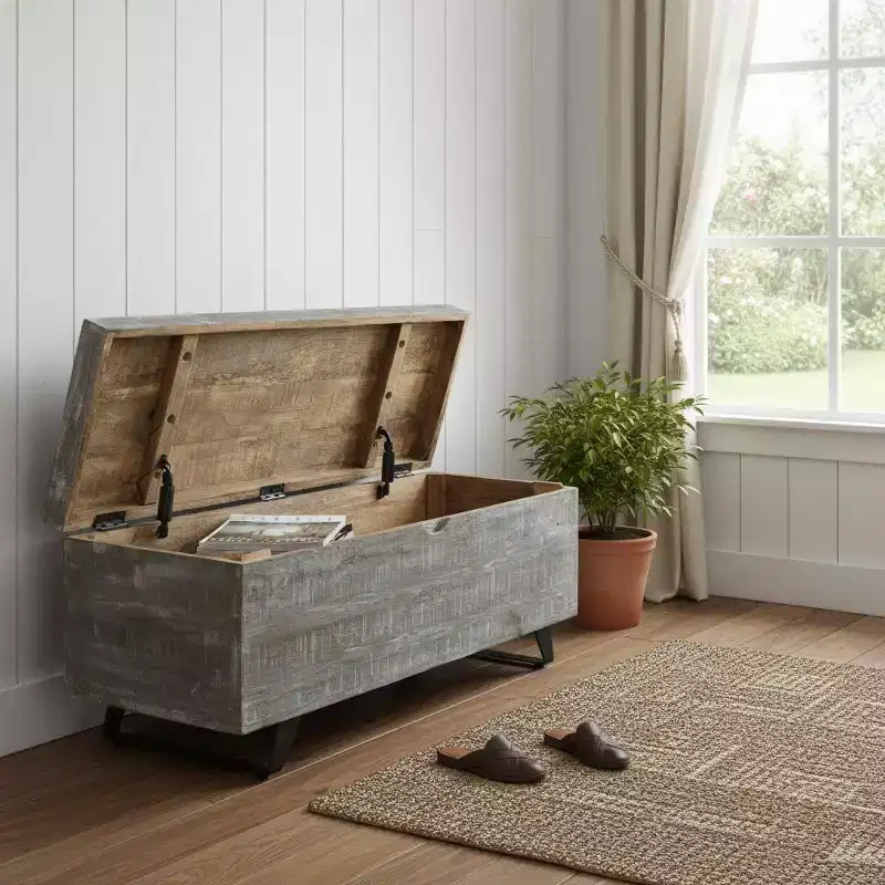 HomeRoots 46 Gray and Black Distressed Solid Wood Storage Bench with Flip Top