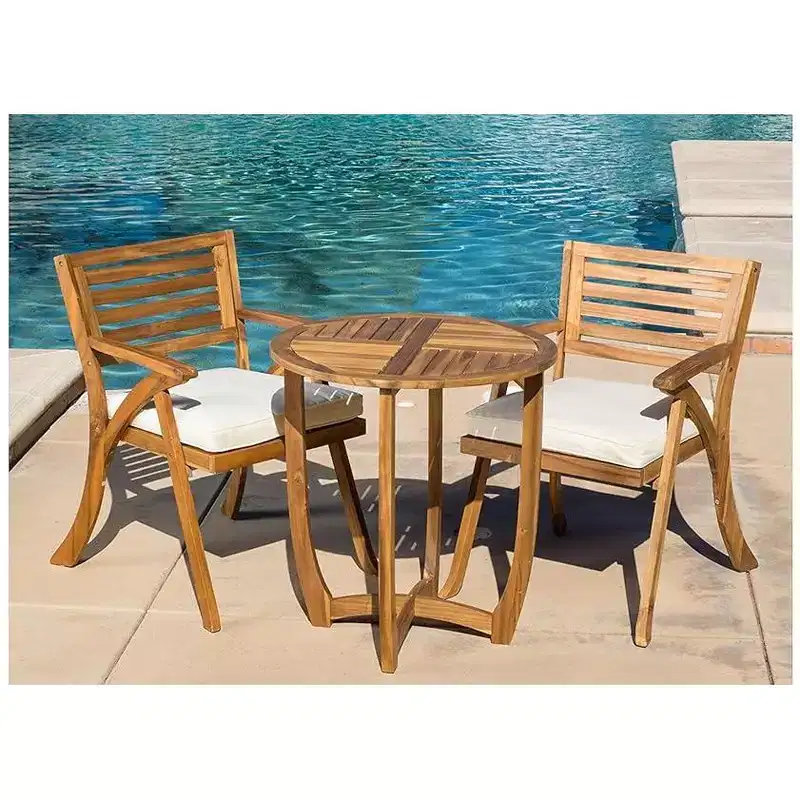3/5/7pcs Outdoor Patio Wood Dining Sets With Cushions, Teak Finish -ModernLuxe