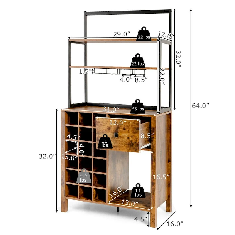 Gymax Kitchen Bakers Rack Freestanding Wine Rack Table w/ Glass Holder