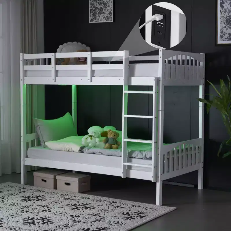 White Twin Over Twin Bunk Bed with LED Lights and USB Charging Station