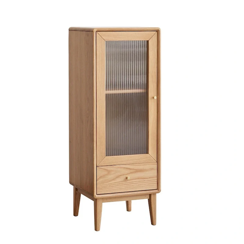 Brown, Free-Standing Corner Cabinet with Vintage Glass Door, 2 Shelves & 1 Drawer, Single