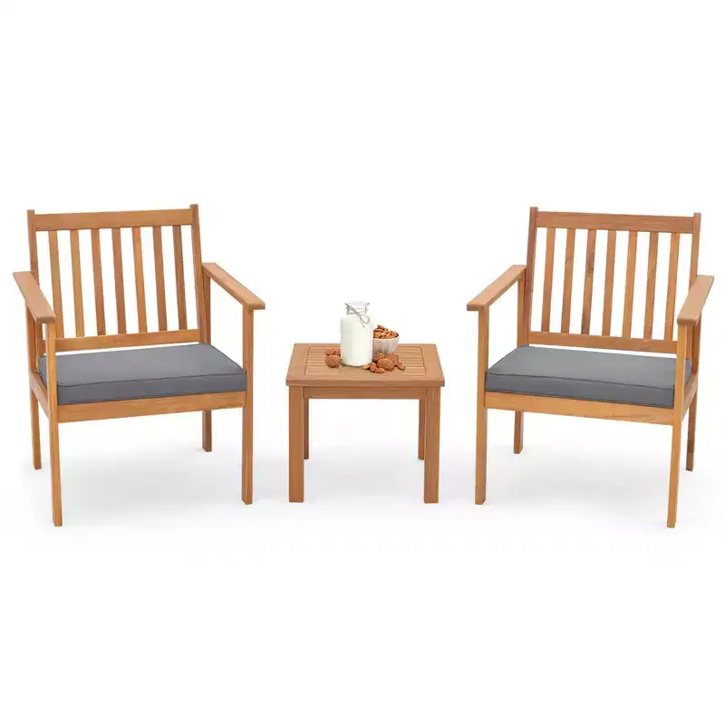 Costway 3 PCS Patio Wood Furniture Set Acacia Wood Chairs & Coffee Table with soft Cushions Grey/White